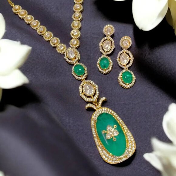 Exclusive Hand Crafted Golden Polish Moissanite Polki Doublet Stone Necklace Set - Picture 1 of 2